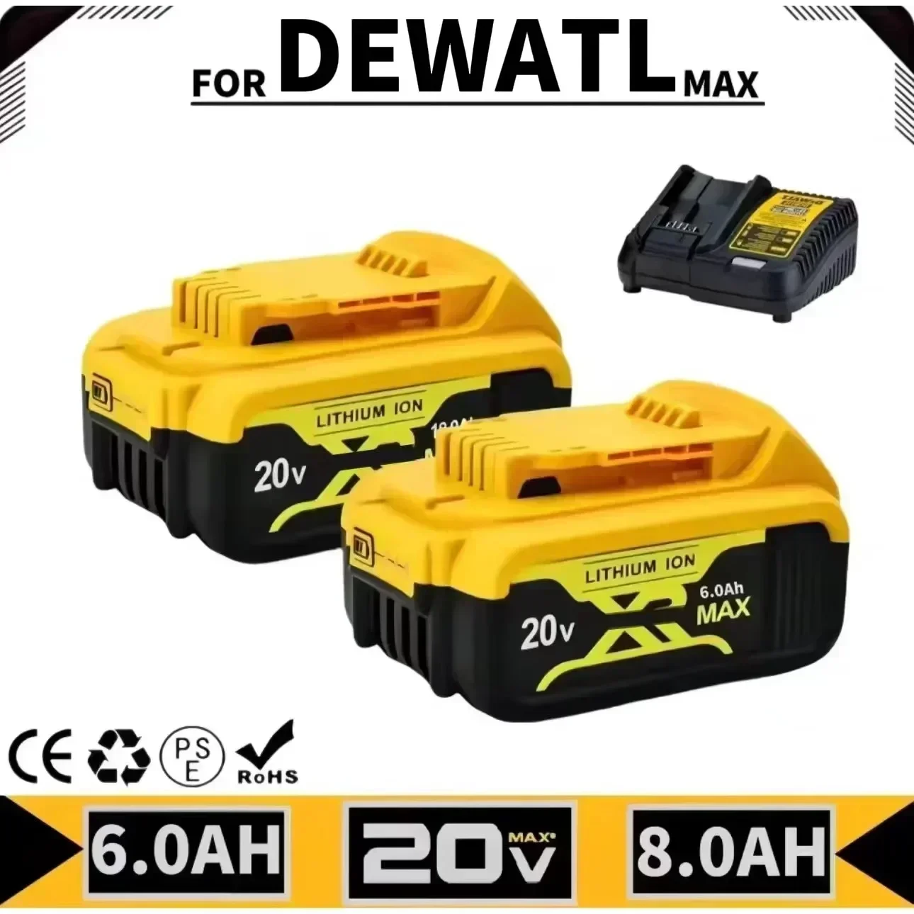 100% Original 6.0/8.0Ah for DeWalt 20V max Tool Battery Compatible with DCB184 DCB181 DCB182 DCB200 DCB206 Replacement Battery