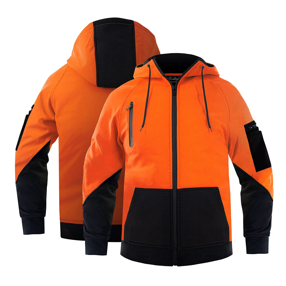 Men's Yellow Black High Visibility Safety Softshell Jacket Hi Vis Fleece jacket With Reflective Tripes Workwear Safety Hoodied