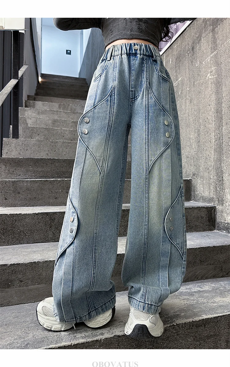 Neues Design Mädchen Straight Jeans Stylische Kinder Mode Street Denim Hosen Teenager Kinder Lose Slim Fit Loose Leaf Jeans Hosen – Detail 5