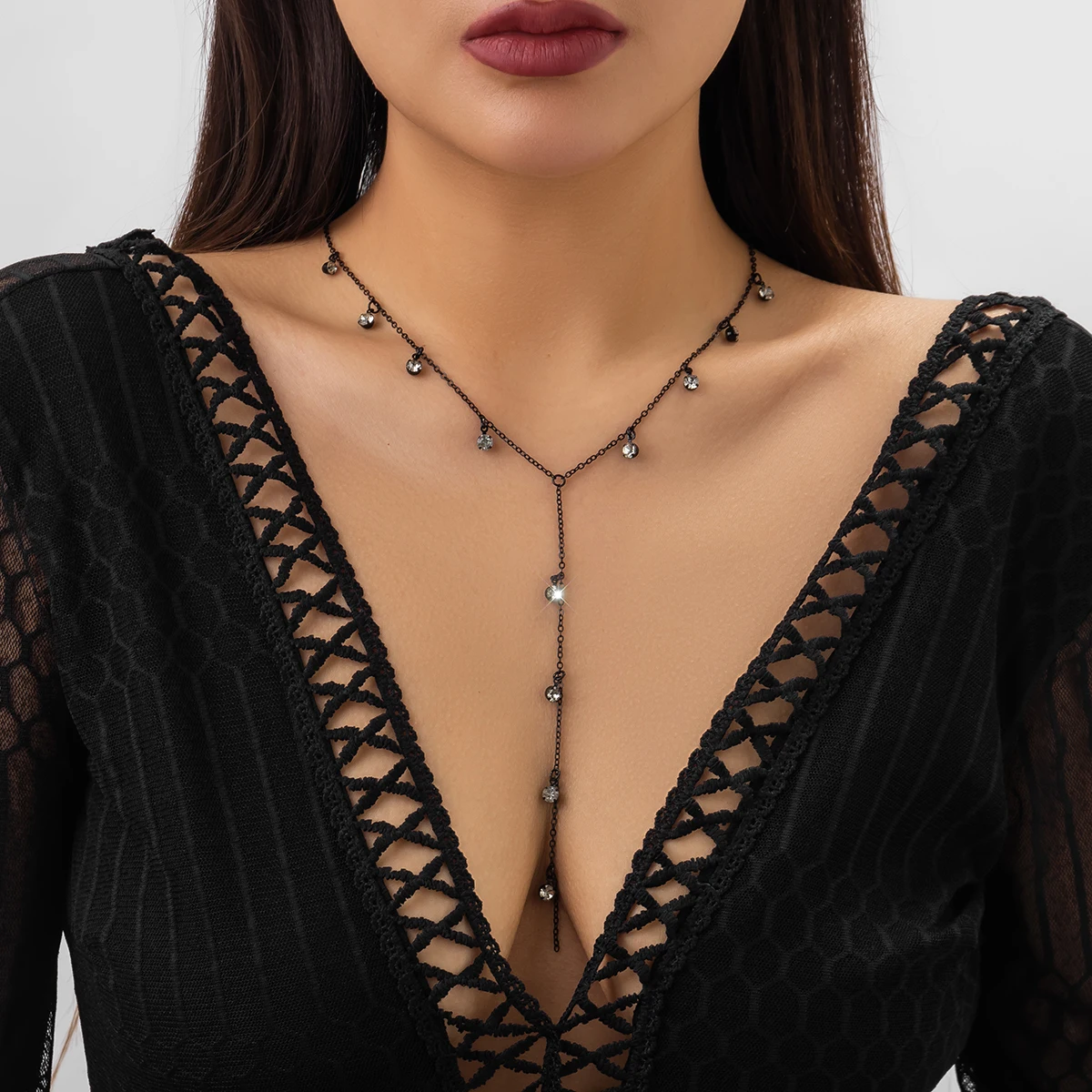 Lacteo Vintage Rhinestone Black Chain Necklace Choker for Women Long Tassel Neck Clavicle Chain Jewelry Collar Summer Party Gift