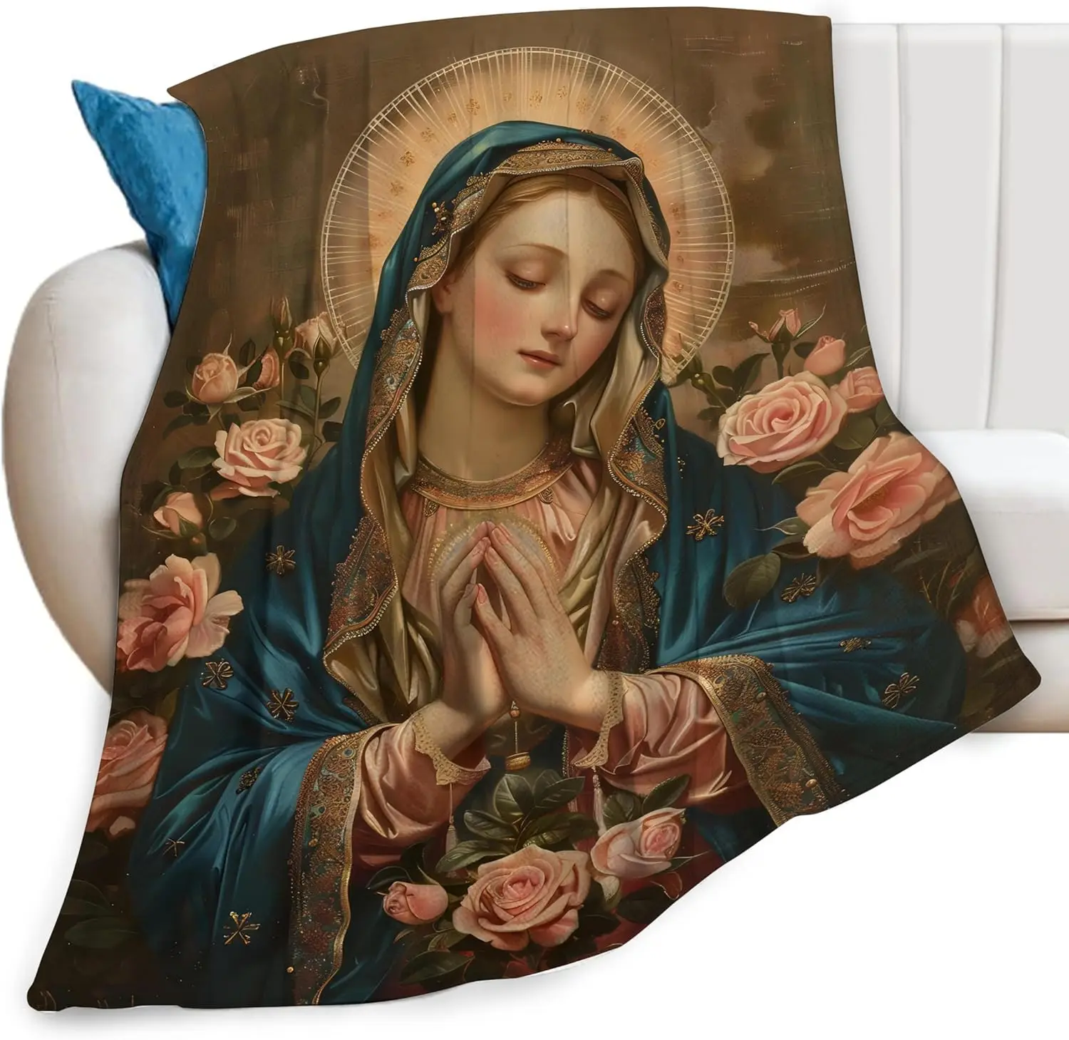Vintage Religious Art Throw Blanket Cottagecore Decor Sofa Cushion for Christian Home Sacred Decoration Mary Roses