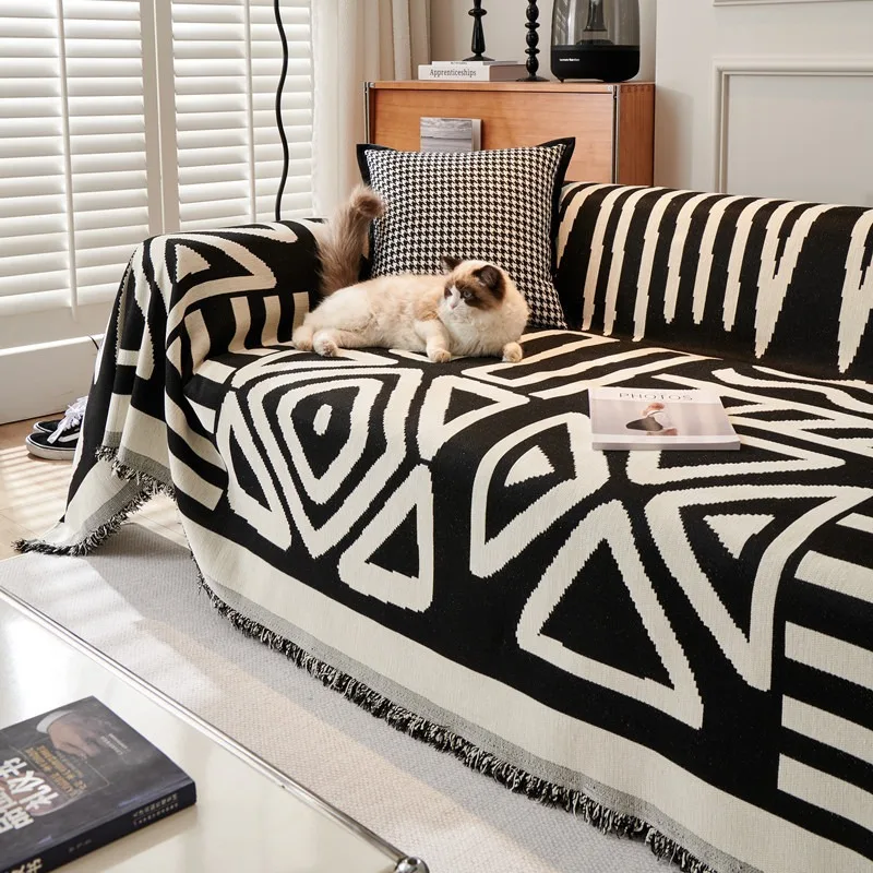 

Geometric patterns Thicken Chenille Blanket Classic Black Stripe Sofa Blanket Summer Couch Non Slip Blanket Office Cushion Sofa