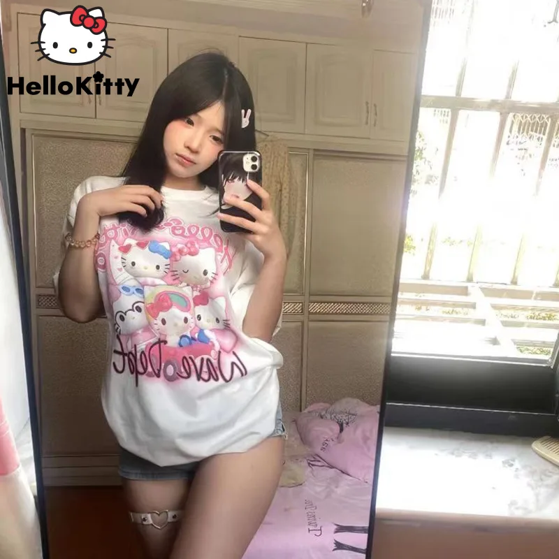 Sanrio Hello Kitty Clothes Y2k Cute Tops Cartoon Printed Summer Short Sleeve T-shirts Japan Korean Style Couples Loose Tee Shirt