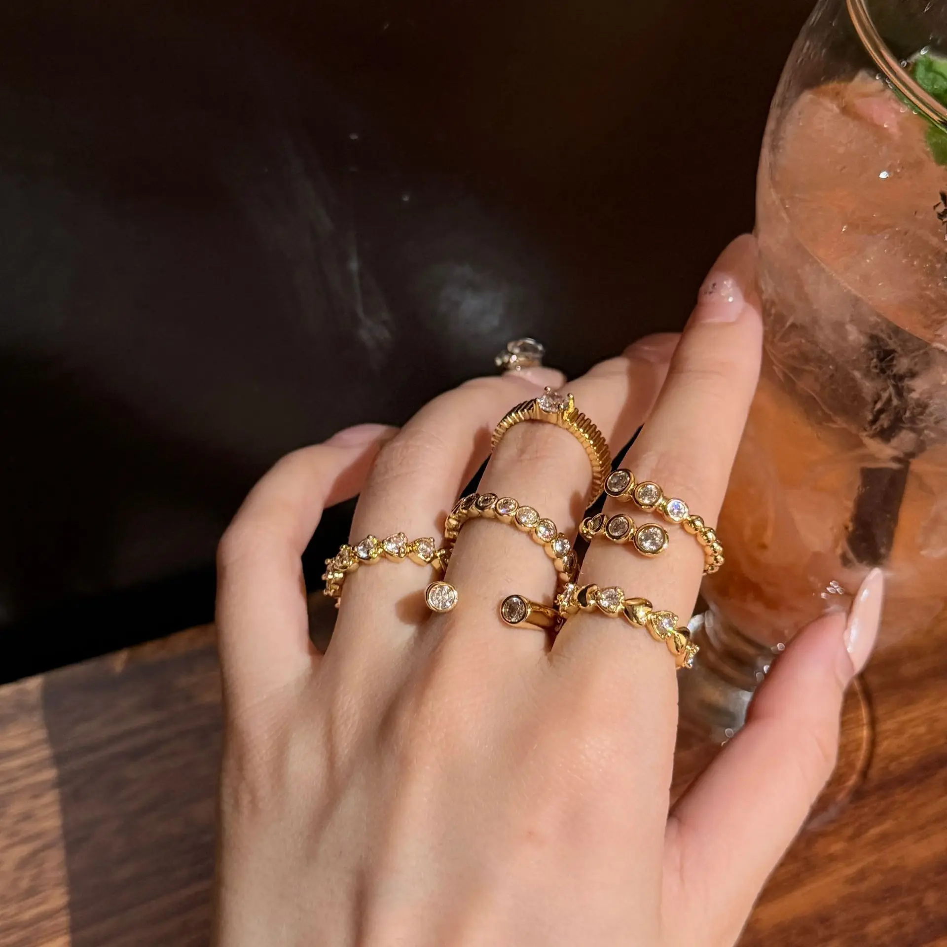 Classic Trend Combination Series inlay Round Diamonds rings for women Arrangement Single row Fashion Ring Adjustable Jewelry