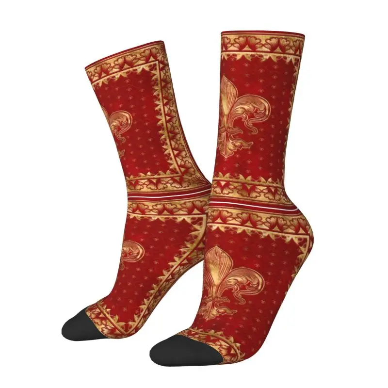 Custom Vintage Fleur De Lis Ornament Luxury Red Dress Socks Mens Fashion Novelty Ancient Symbol Sacred Lily Flower Crew Socks