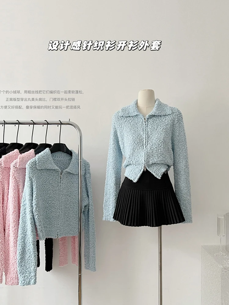 Autumn Women Knitted Pullover Cardigan Office Lady Korean Fashion Long Sleeve Turn-Down Collar Sweater Jumper Casual Streetwear