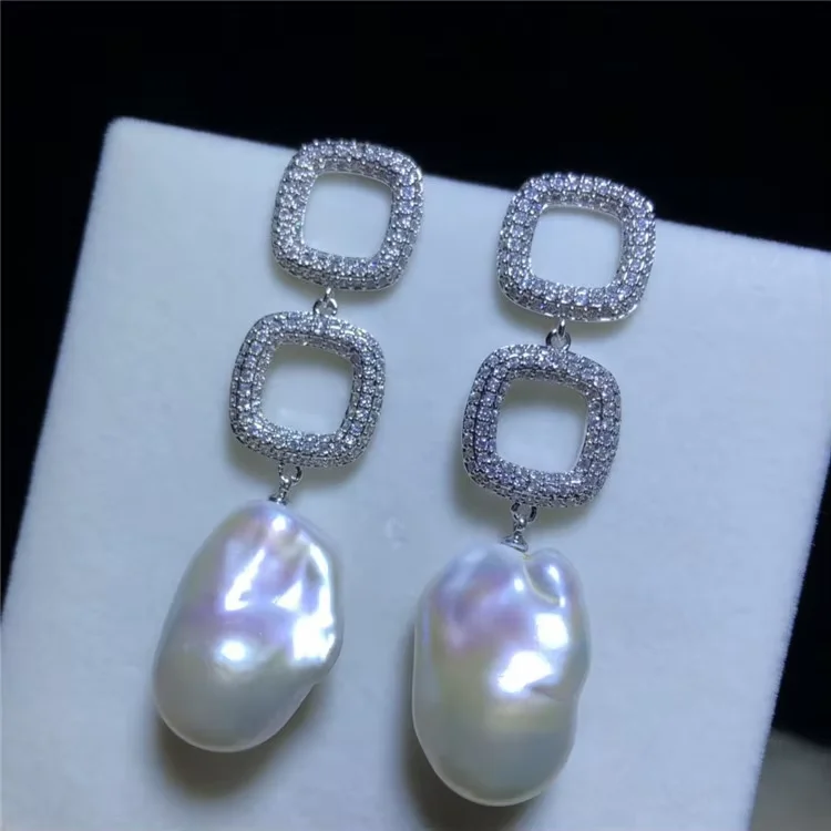 15X23mm Natural baroque irregular pearls  CZ Earrings