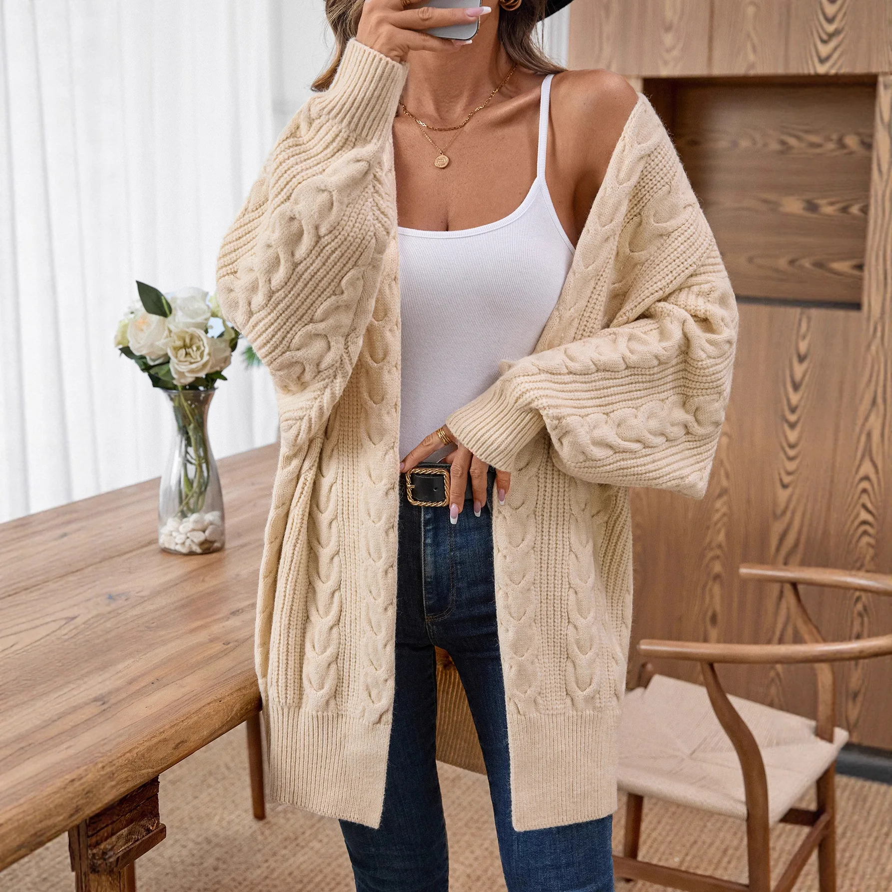 

Cable Knitted Women Cardigan Sweaters Solid Jumpers V Neck Long Sleeves Open Stitch Mid Lenth Loose Casual Autumn Winter 2025