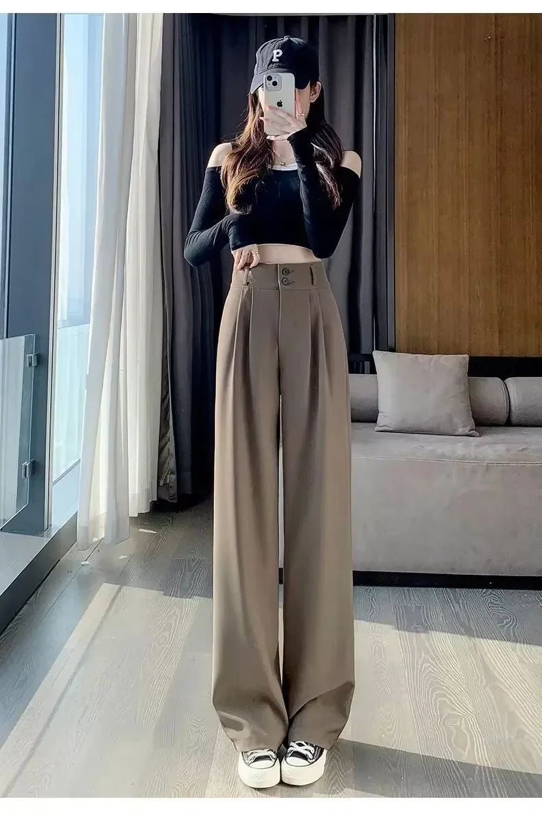 Elegante Weite Hosen für Damen im Koreanischen Stil mit Hoher Taille, Schwarze Baggy-Hosen, Büro-Damenmode, Lockere Anzughosen, Streetwear – Detail 3
