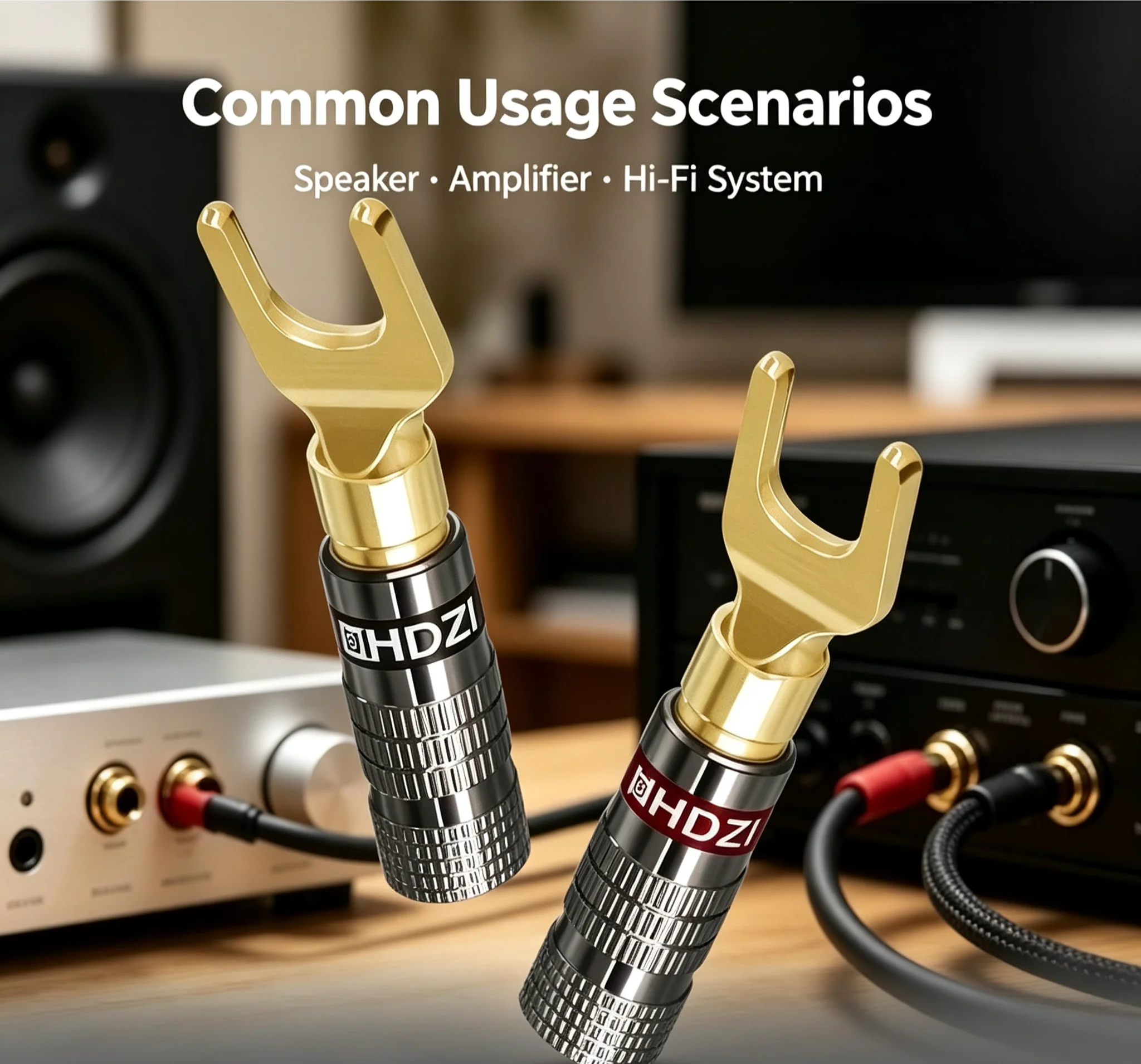 HHDZI 24K Gold Plated Y Spade Banana Plugs 8.5mm Screw Type Speaker Cable Terminal Connector for HiFi Amplifier Subwoofer