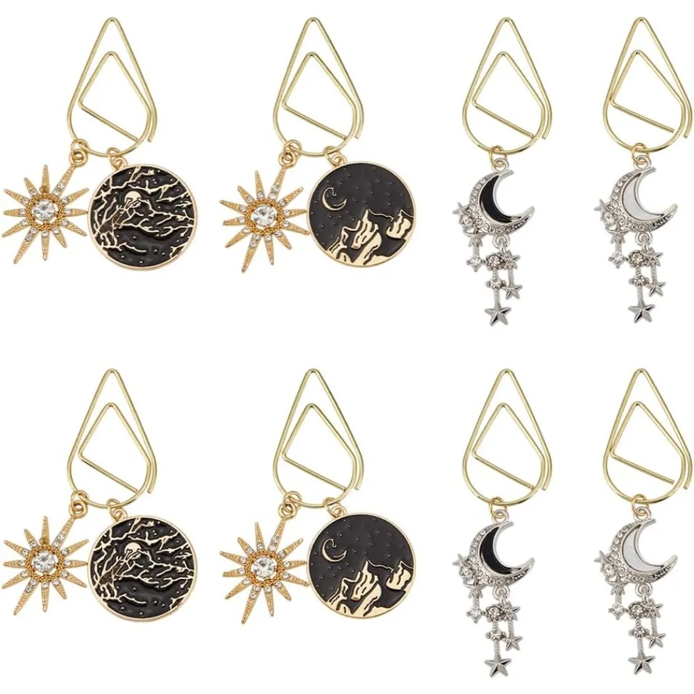 8Pcs 4 Styles Carbon Steel Paper Clips with Alloy Enamel & Rhinestone Pendant Star & Moon Mixed Color 63~72mm 2pcs/set