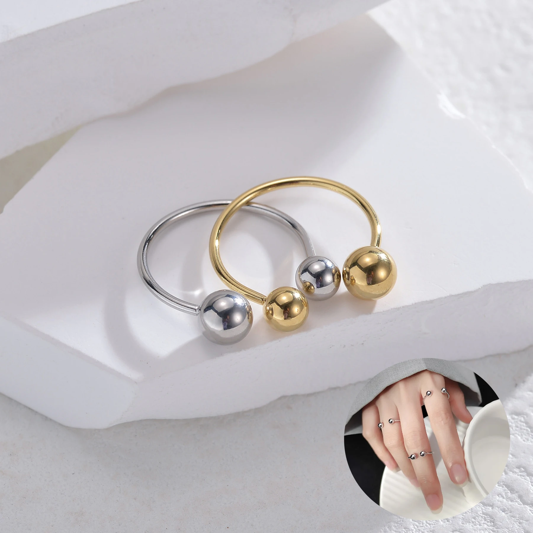 Adjustable Stainless Steel Double Ball Ring for Women Gold Color Minimalist Open Dating Rings Punk Geometric Trendy Jewelry Gift