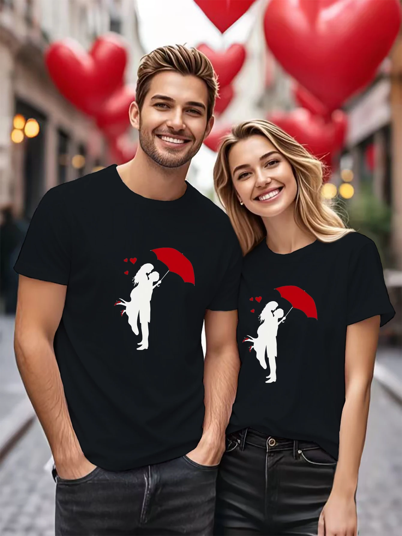 

1 шт., футболка с короткими рукавами и круглым вырезом для пары с принтом зонтика, подарок на День святого Валентина, топ для пары