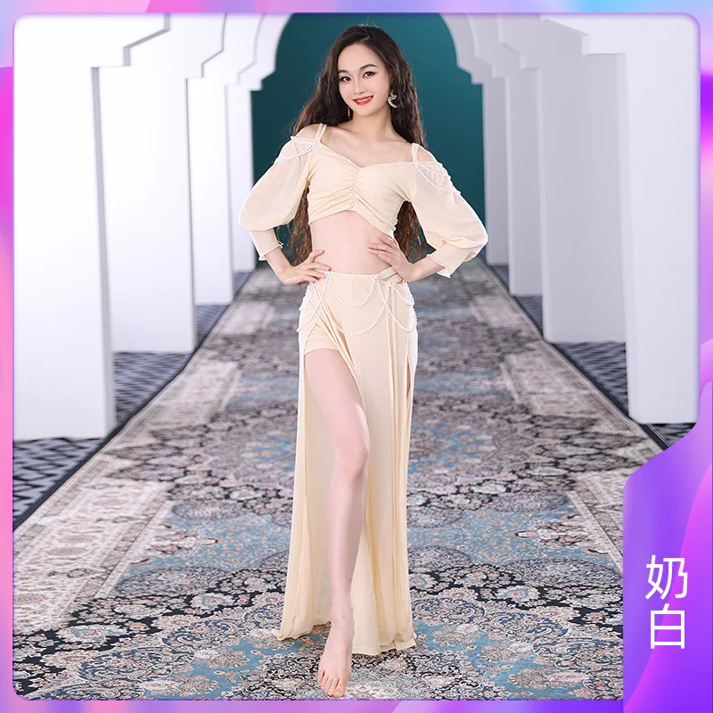 Belly Dance Court Style lantern Practice Clothes Pearl Mmbellishment Hollow High Slit Sexy Long Skirt Stage Performance
