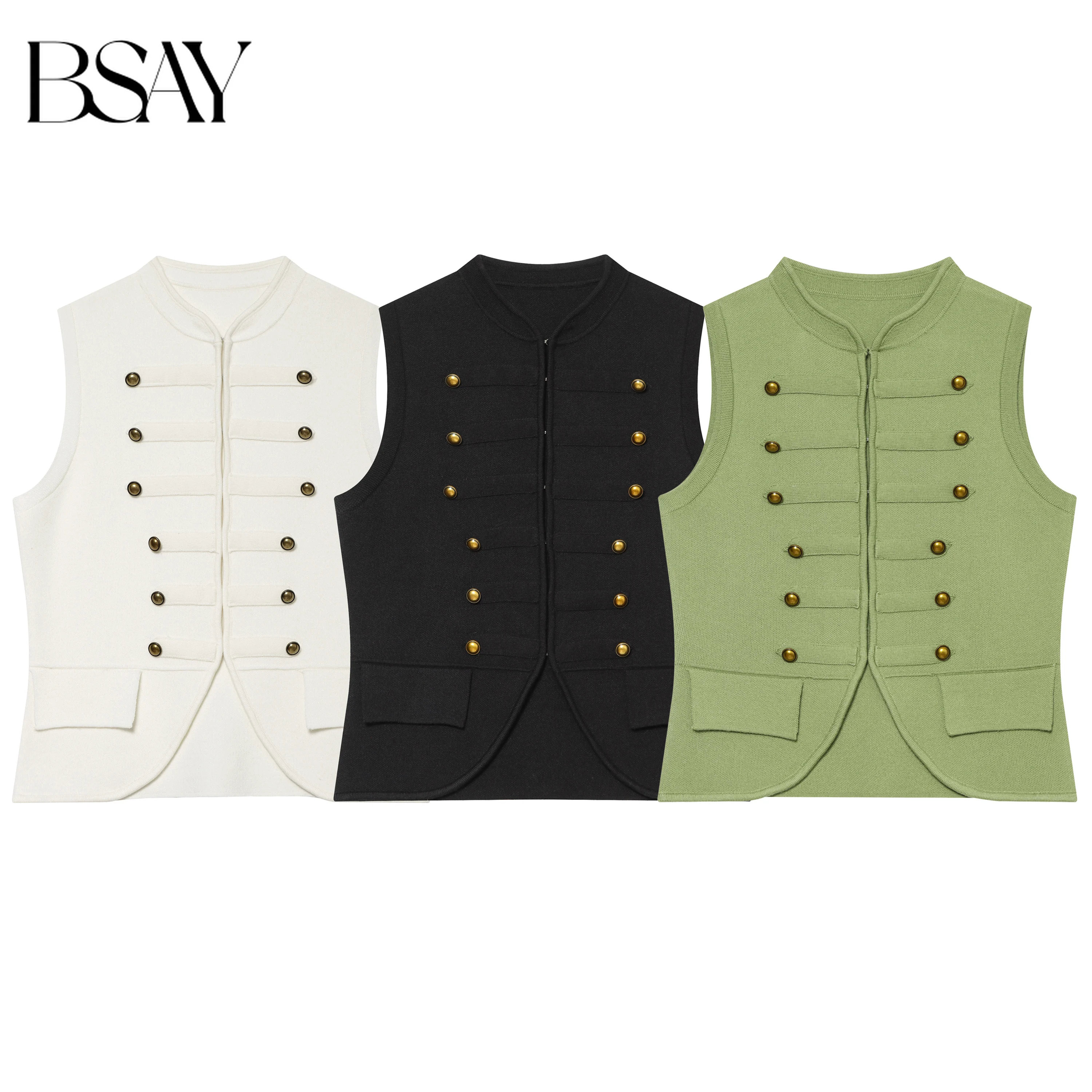 BSAY Neue Damen-Weste im Retro-Militärstil mit goldenem Knopfdesign, gestrickte Weste, schicke ärmellose Oberbekleidung mit Stehkragen für Damen