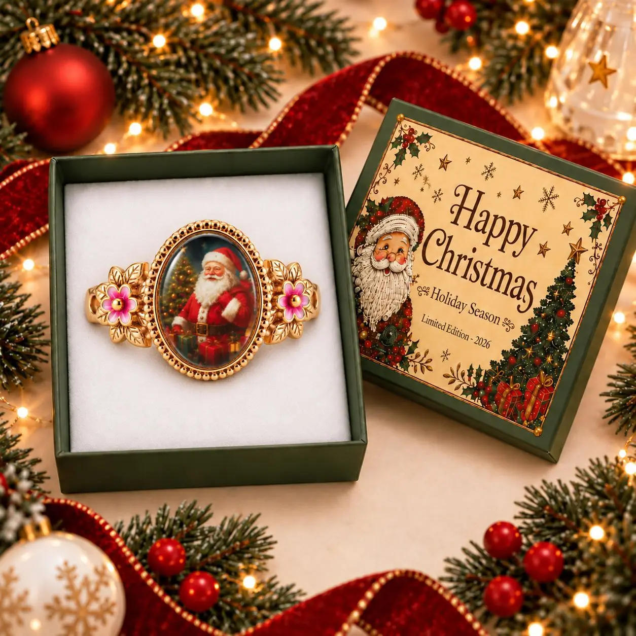 Vintage Santa Claus Brooch Christmas Portrait Gold Frame Flower Lapel Pin Retro Holiday Badge Jewelry Gift for Women