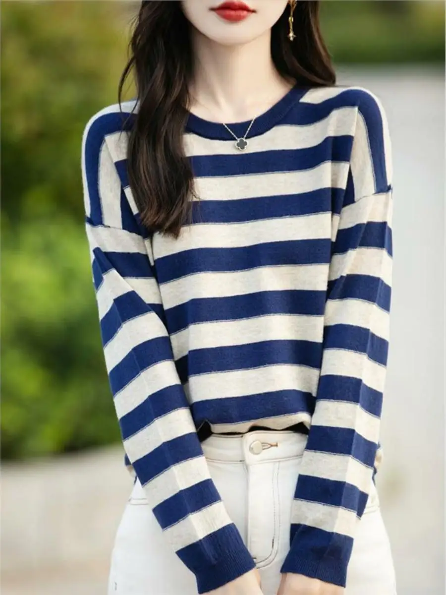

Осень-зима вязаный шерстяной свитер круглый Ne Long Sve ort длина цветной полосатый топ для женщин для поездок на работу