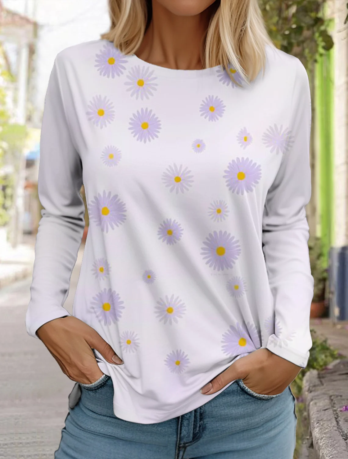 New Women's Fashion Comfortable Simple T-Shirt 3D Printed Floral Pattern Crew Neck Top Women's Casual Retro Street Long Sleeves