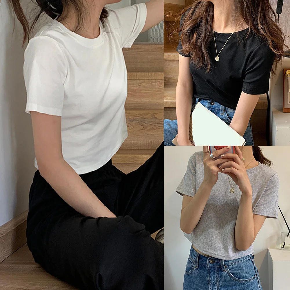 Round Neck Short Sleeve Women\'s Casual Top Solid Color Design Slight Elasticity Comfortable Breathable Fabric for Summer Days
