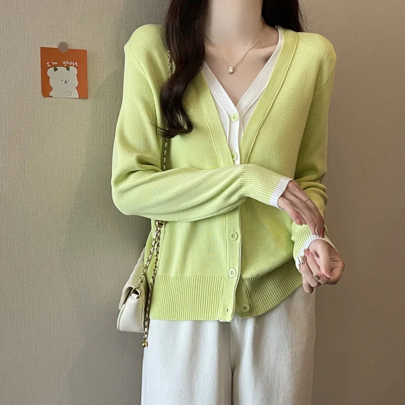 2025 Nieuwe nep tweedelige vesten dames Koreaanse mode patchwork lange mouw lente herfst gebreide vrouwelijke