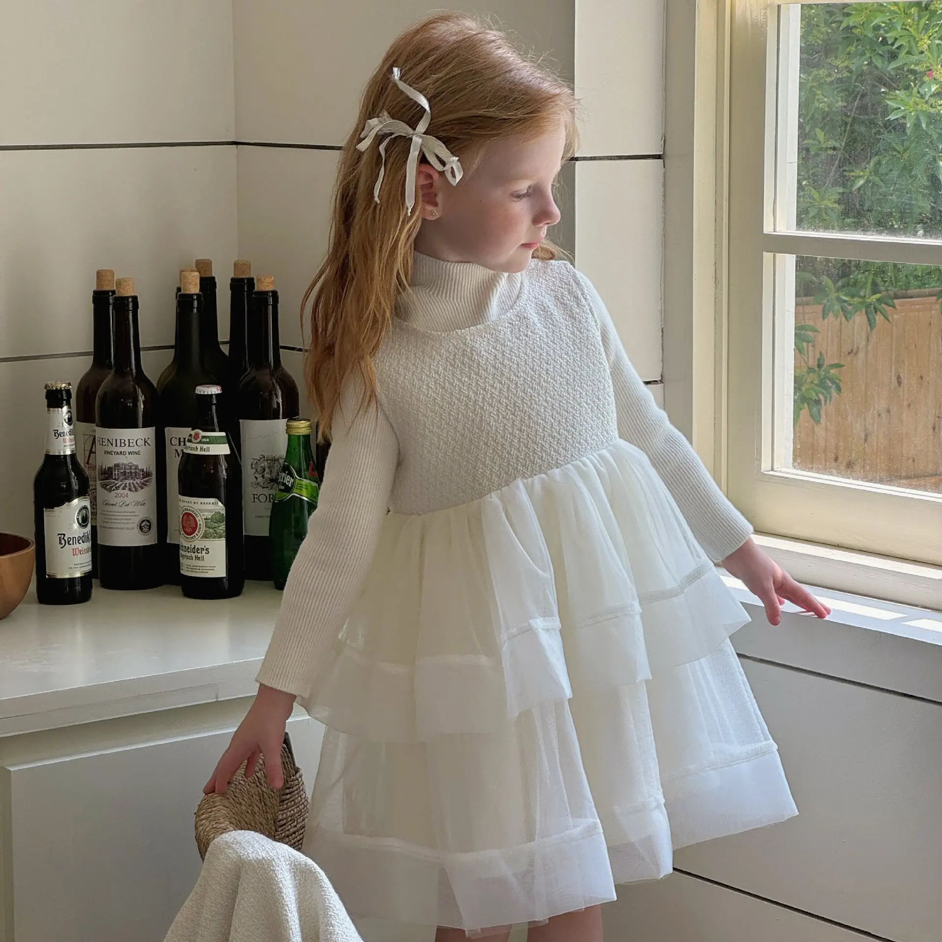 

Children Girl Dress Solid Color Woven Lining 2024 Autumn Small Fragrance Kids Girls Cake Sundress Spliced Mesh Little Girl Dress