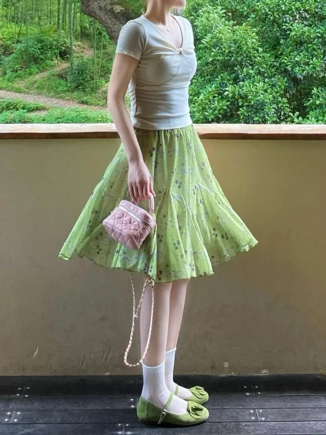 Green Floral Print Half-length Skirt Women's Summer Fashion Korean Style High-waist A-line  Skirt for Petite Ladies