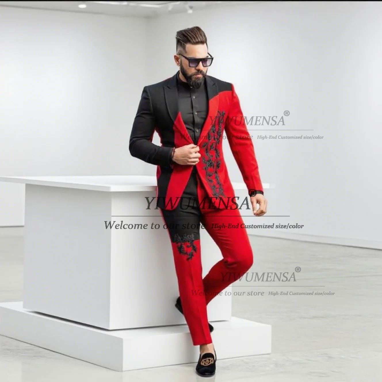 Abiti esclusivi in pizzo con perline da uomo Set da 2 pezzi Splicing Blazer da sposo a due colori Uomo personalizzato Banchetto Evning Party Smoking 2026