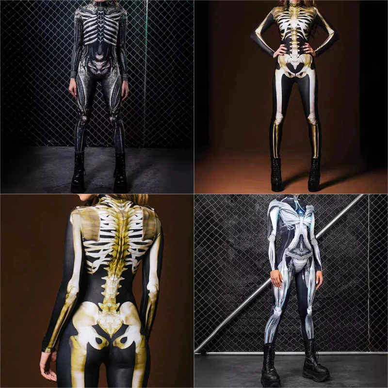 

Women New Gothic Bodysuit 3D Skeletal Body Art Sexy Lace Up Terror Costume for Fantasy Halloween Night Parties
