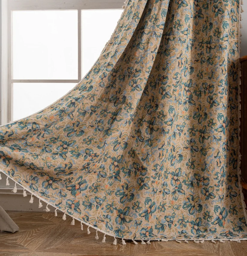 Vintage Floral Semi Blackout Curtain Boho Linen Texture Jacquard Window Drapes for Bedroom Living Room Homestay Hotel