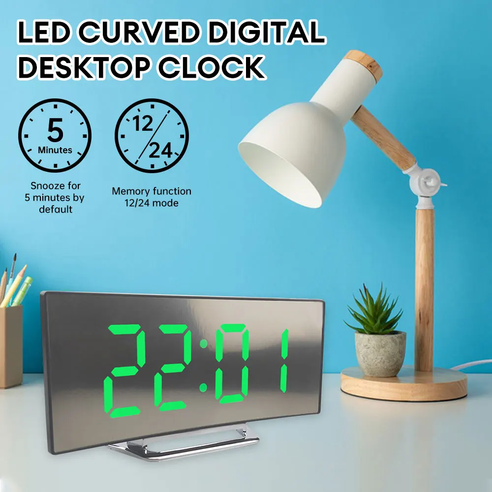 LED Curved Screen Alarm Clock USB Mirror Screen Temperature Date Display Digital Desktop Alarm Clock Home Dimmable Table Clock