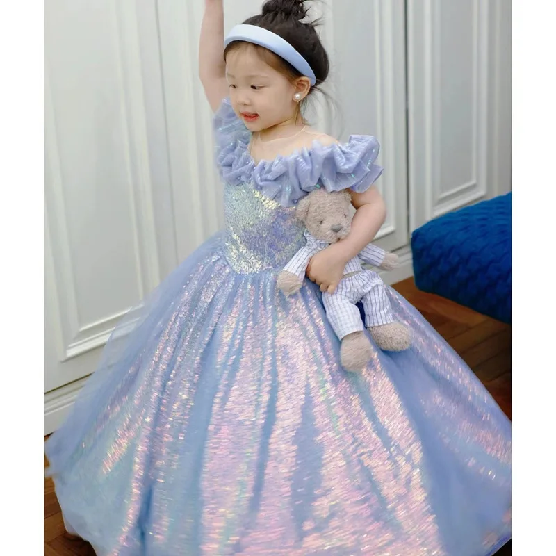 Elegant Wedding Party Dress for Toddler Girl Kids Princess Blue Pink Sequin Long Evening Luxury Gowns Child Pageant Prom Dresses