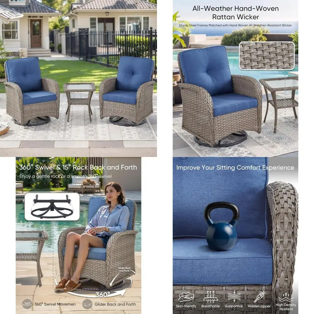 All-Weather Wicker 3-Piece Outdoor Rocking Chair Set with Swivel Chairs and Side Table for Small Patio