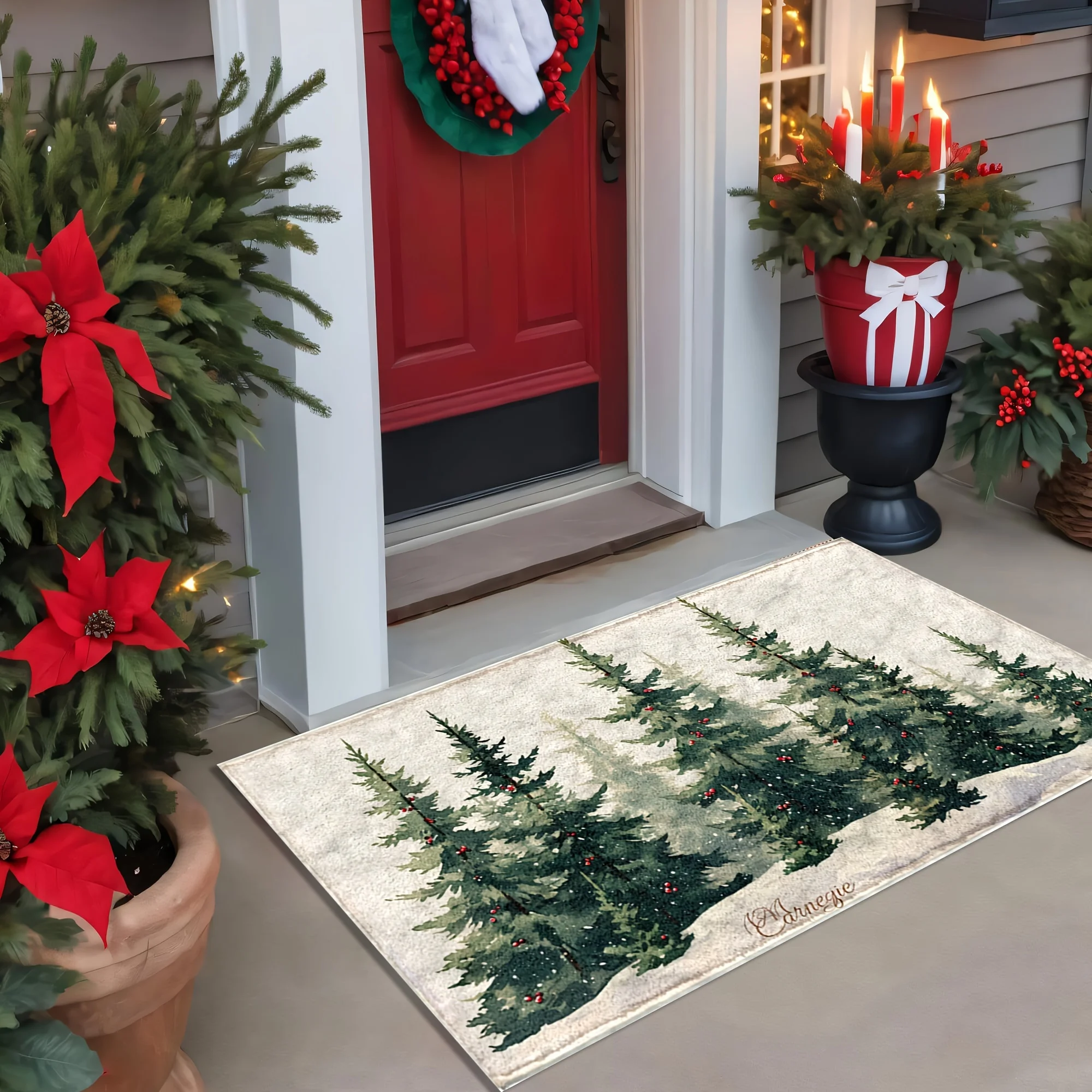 Christmas Tree Snow View Holiday Warm Home Decorations and Accessories Bathroom Doormats Suitable for Livingroom Hallway Bedroom