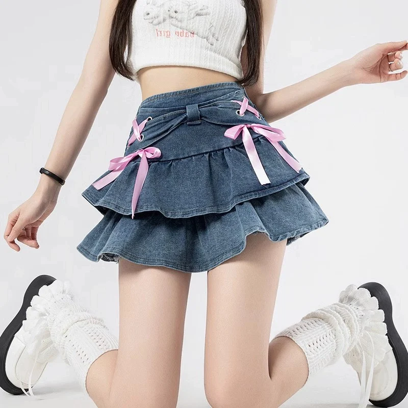 Deeptown Denim Mini Skirt Women Ruffle Vintage Sweet Kawaii Bow Coquette Skirt Summer Cutecore Blue A-line Retro Short Skirts