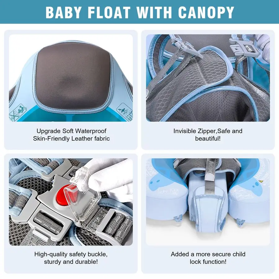 Flotador de piscina para bebé con dosel solar extraíble, flotador de natación infantil no inflable con diseño de cola antideslizante, amplificador impermeable SkinFriendl