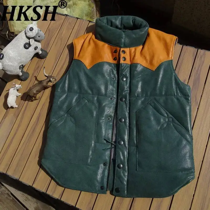 

HKSH Autumn Winter New Men's Warm Cotton Vest Jacket Chic Leather Trendy Stand Contrast Color Patchwork Padded Waistcoat HK13301