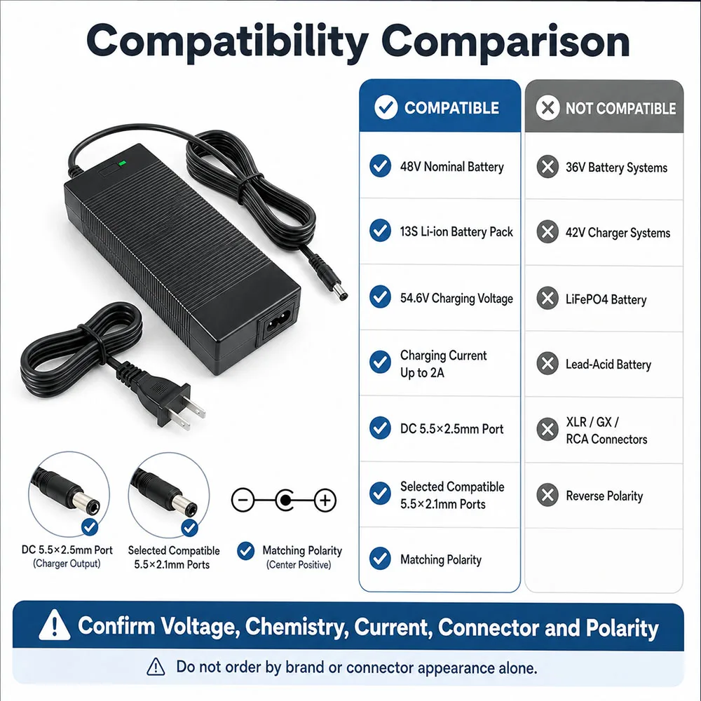 54.6V 2A 4A Power Supply Adapter Charger for 48V 13S Lithium Li-ion Battery Pack with DC 5.5x2.1mm / 5.5x2.5mm Plug