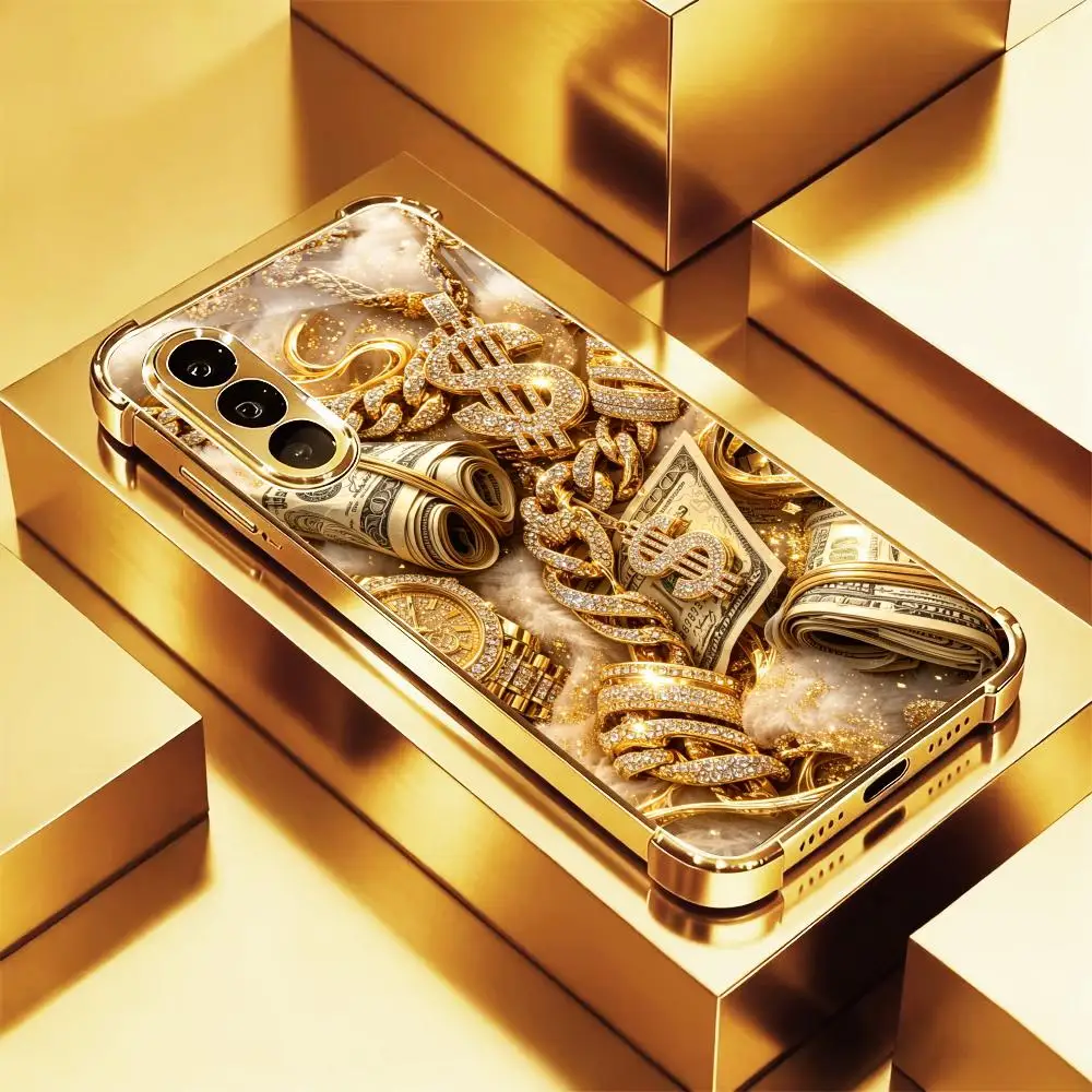 Gold chains dollar cash High-end Glass TPU QHD PhoneCase for Samsung Galaxy S26 S25 S24 S23 S22 S21 FE,Ultra,Plus Dropresistant