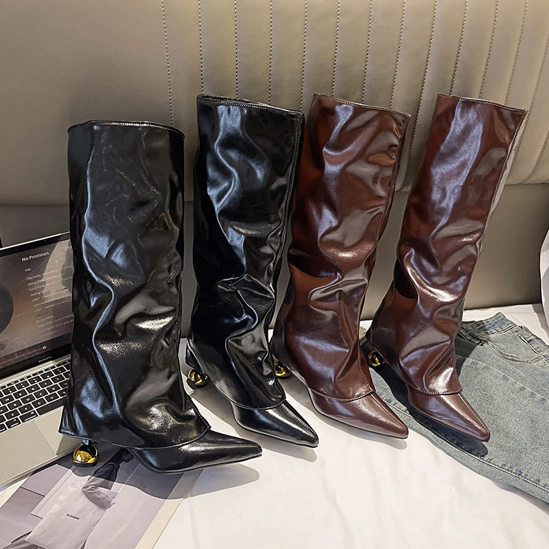 

2025 Fall/Winter New Skinny Boots Soft Leather Pointed Toe Wine Glass Heel High Heel Trouser Boots