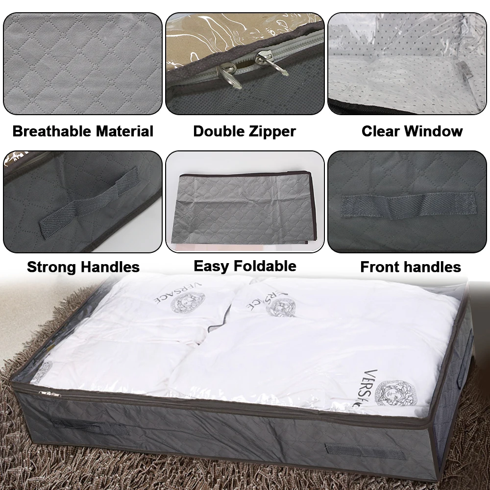 Foldable Under Bed Bags Under Bed Storage Boxes Zippered Organizer Thick Breathable 2 Pcs Underbed Clothes Storage Bags