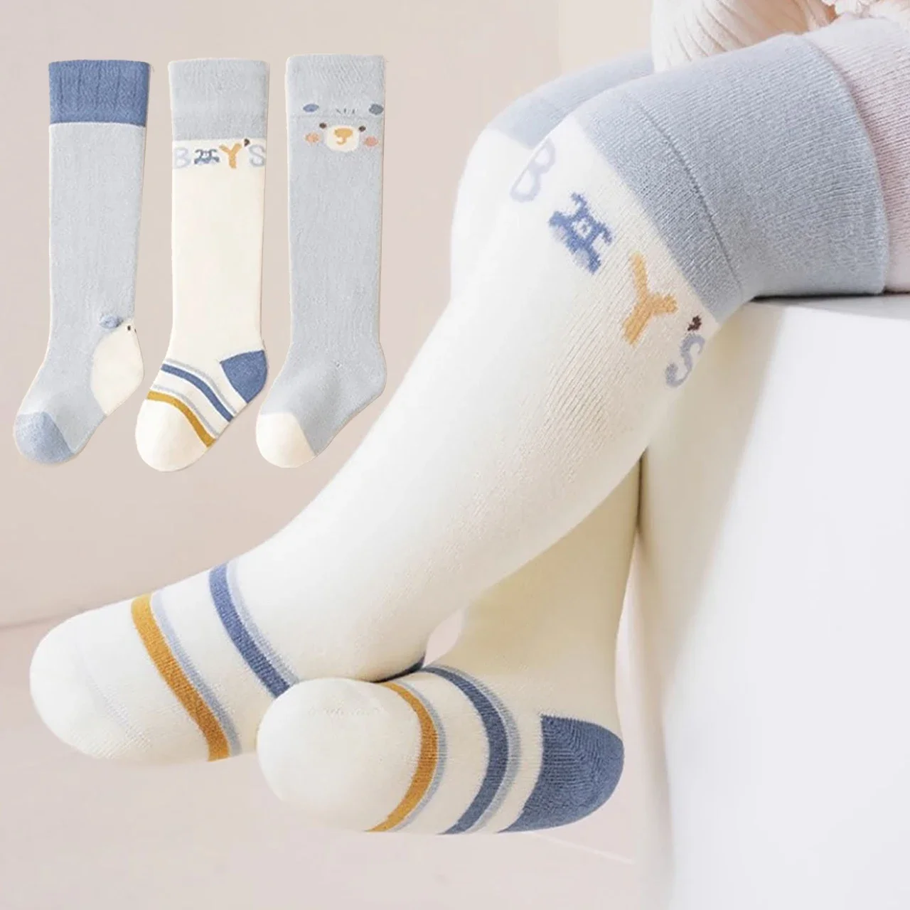 3 Pairs Winter Warm Baby Socks Set Cartoon Animal Print Long Sock for Infant Boy Girl Cute Cotton Knee Thigh High Socks