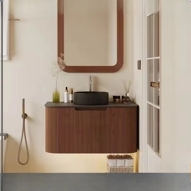 

Bathroom cabinet walnut modern simple washstand wash basin cabinet wall-mounted striped bathroom cabinet