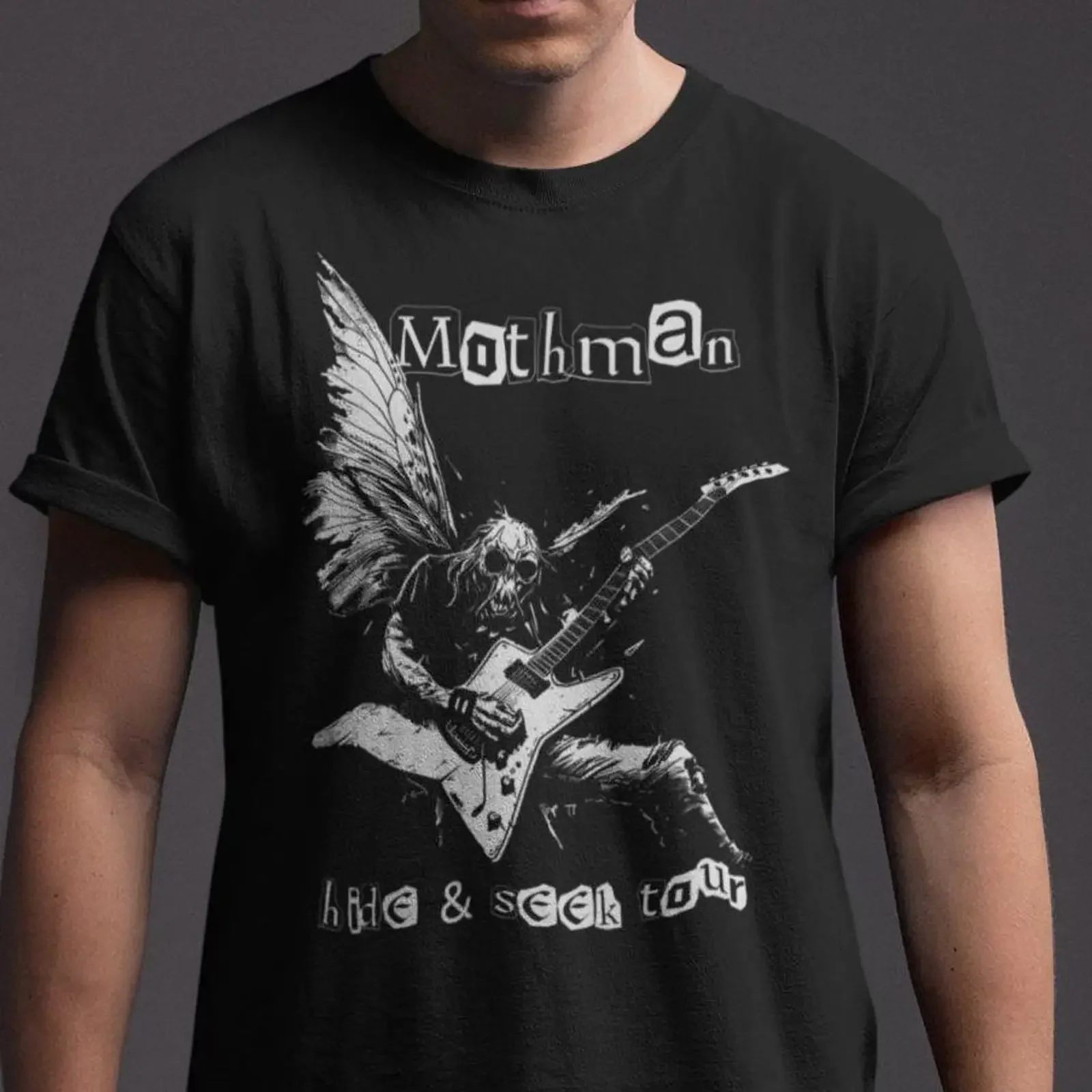 Mothman Guitar Player T Shirt Cryptid Cryptozoology vintage Washed Unisex designer clothes graphic homme Stretched streetwear