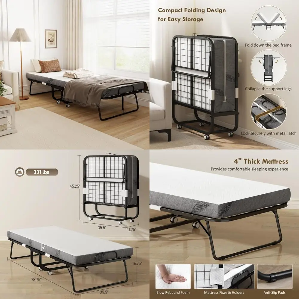 سرير HOMCOM قابل للطي مع مرتبة للبالغين، مقاس مزدوج، سرير محمول قابل للطي بإطار فولاذي قوي للغاية، 78.75 × 35.5، قابل للطي