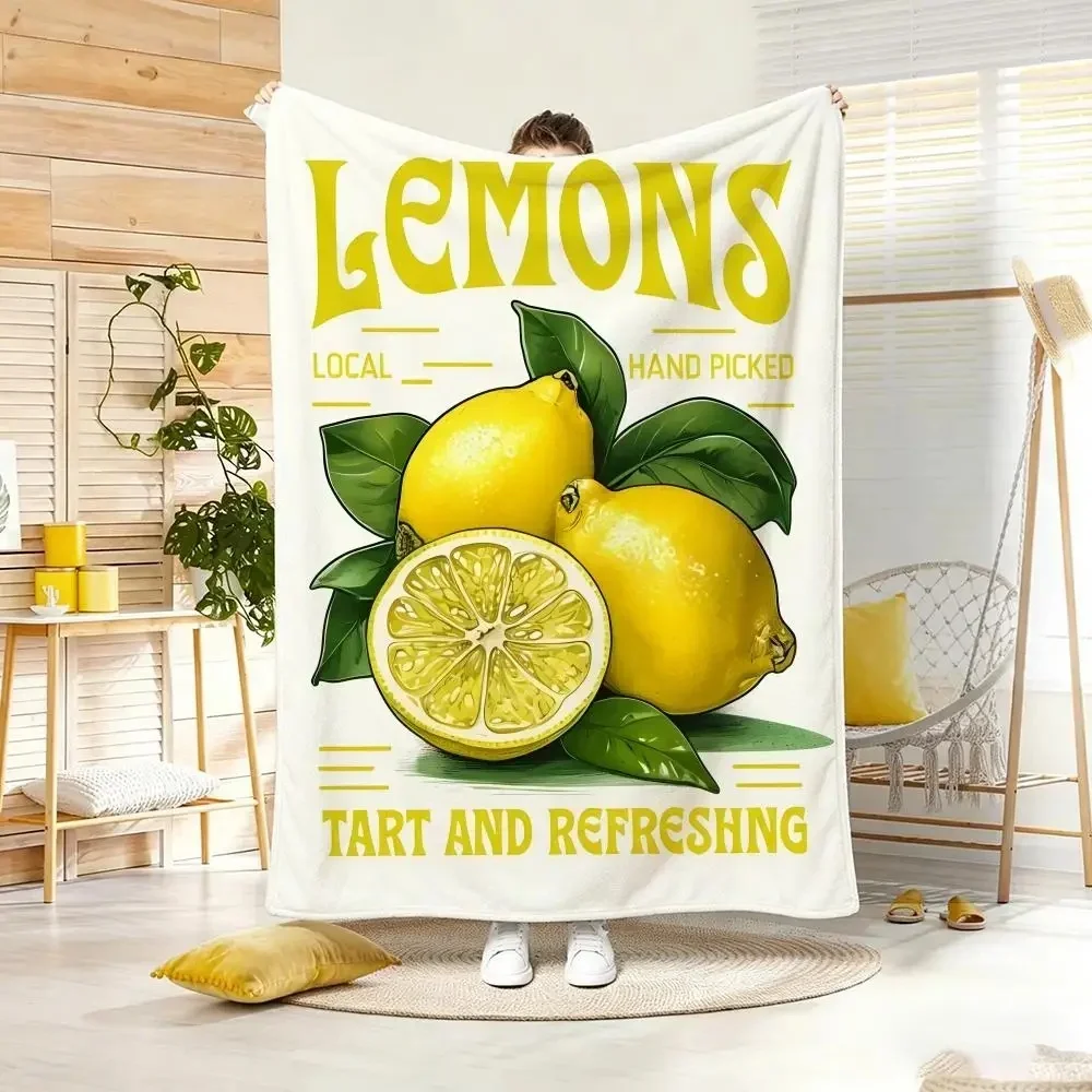 Summer Lemon Cart Print Flannel Throw Blanket Hand‑Drawn Fruit Shell Pattern Soft Lightweight Plush Blanket for Sofa Couch