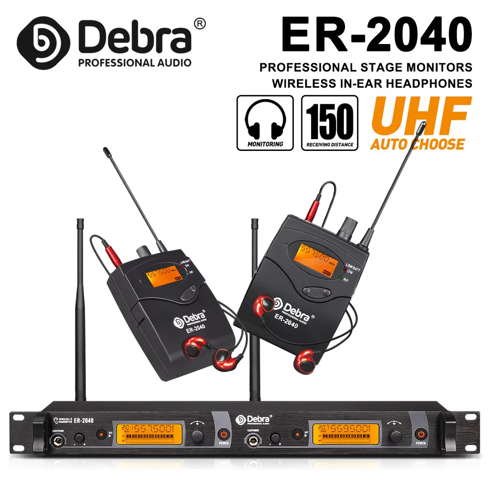 

Debra ER-2040 UHF wireless in-ear monitoring system with a transmission range of 180 meters for stage performances and churches.