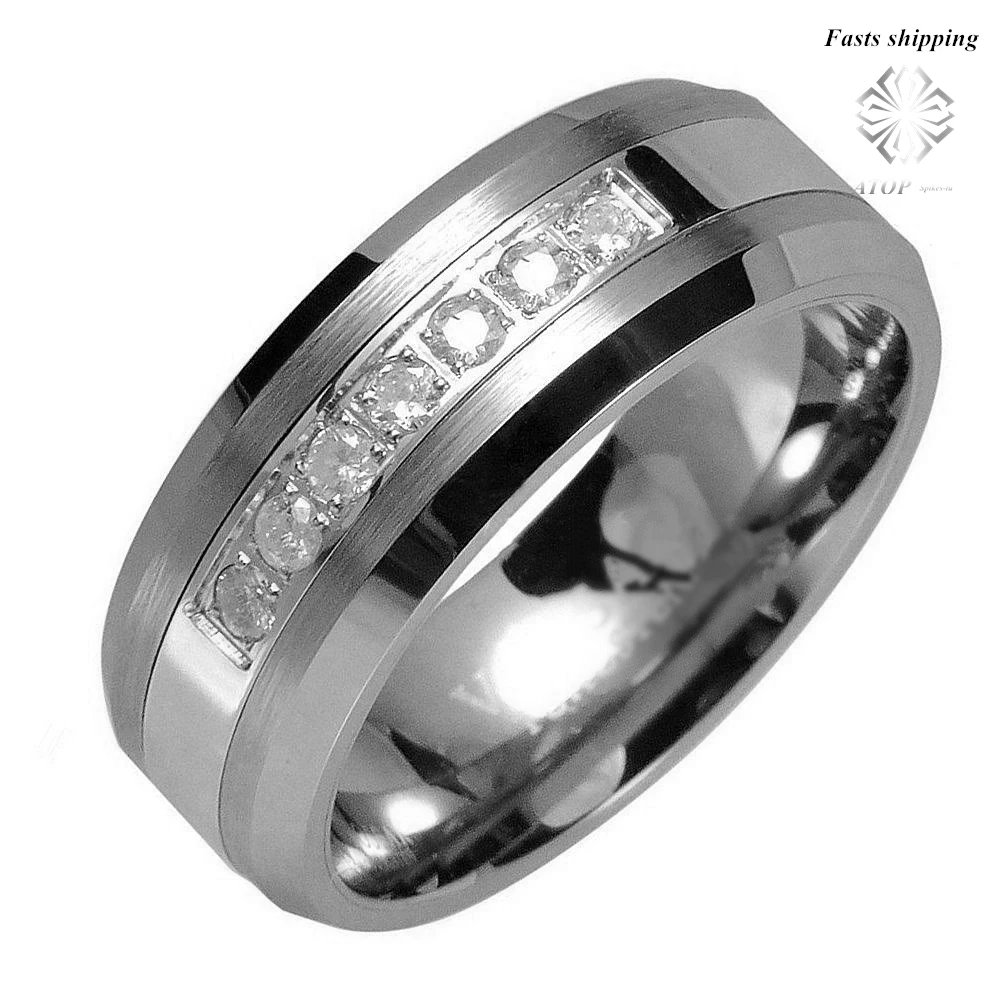Tungsten Ring 7 CZ center brushed&polish Comfort fit Wedding Band Mens jewelry