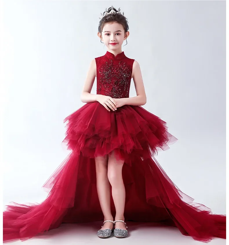 

Elegant Long Trailing Wine Red Lace First Communion Dress Flower Tulle Girls Pageant Prom Gown Flower Girl Dress for Weddings