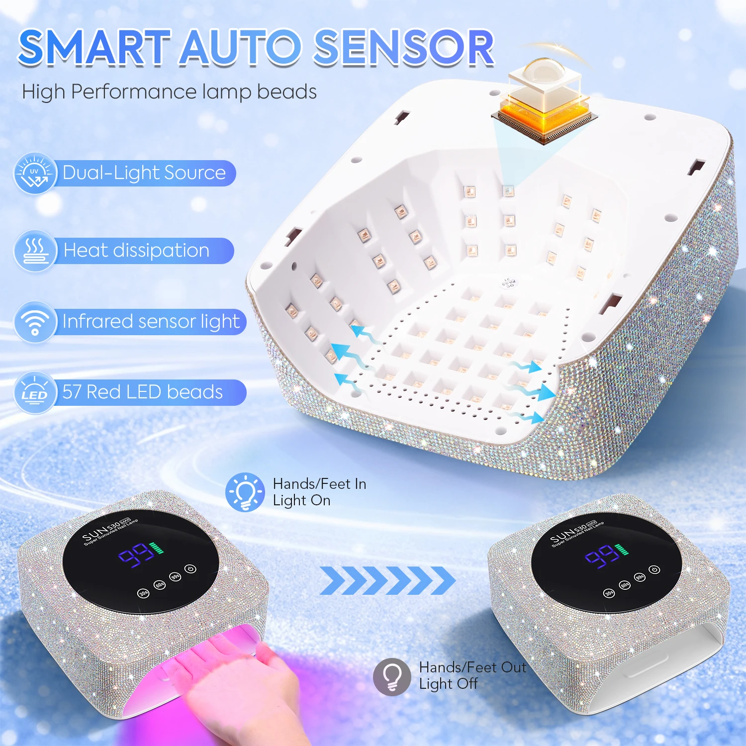 Lampe à ongles UV LED Diamond Design avec triple réglage du minuterie et système de guérison rapide rechargeable pour la maison ou le salon