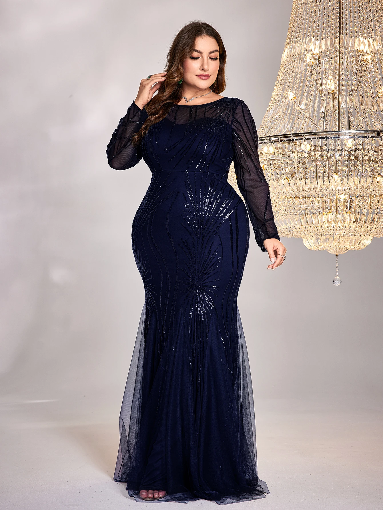 XUIBOL Plus Size Elegant Long Sleeves Sequin Evening Dresses For Women Mermaid Formal Bridesmaid Party Maxi Prom Dress Gown